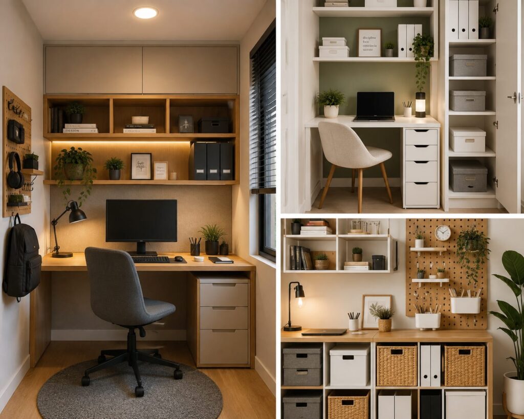 **Móveis multifuncionais para organizar um home office pequeno.**