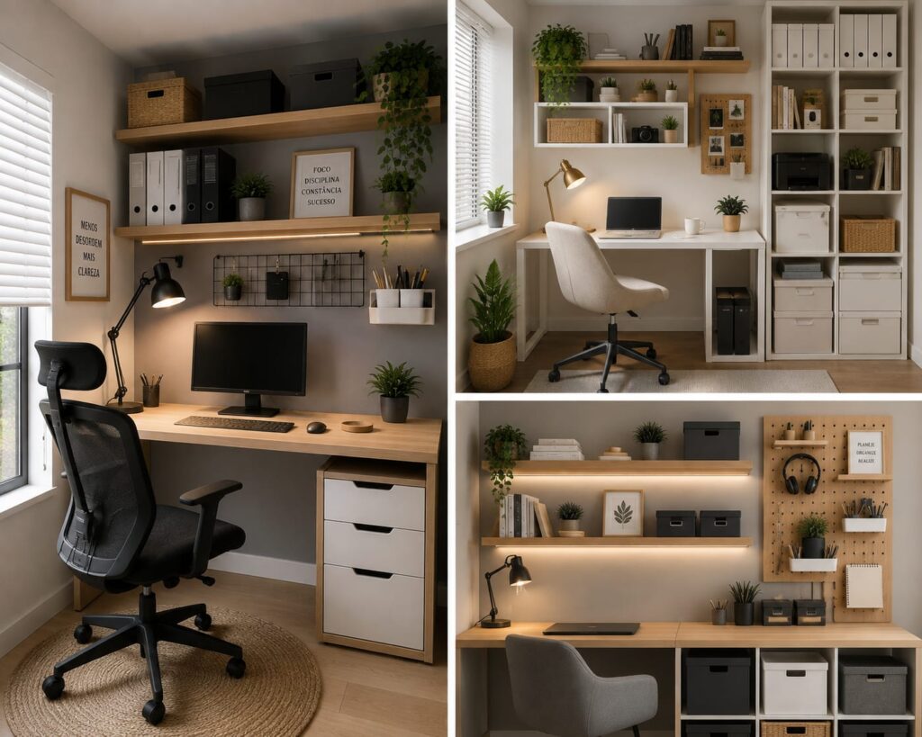 Armazenamento inteligente para home office em pequenos espaços.