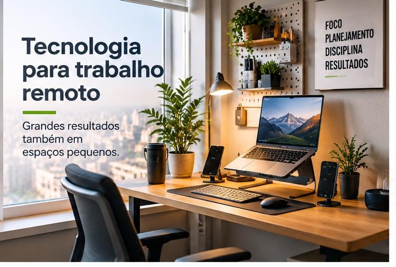 Tecnologia para trabalho remoto em espaço pequeno com equipamentos modernos, organização e conforto.